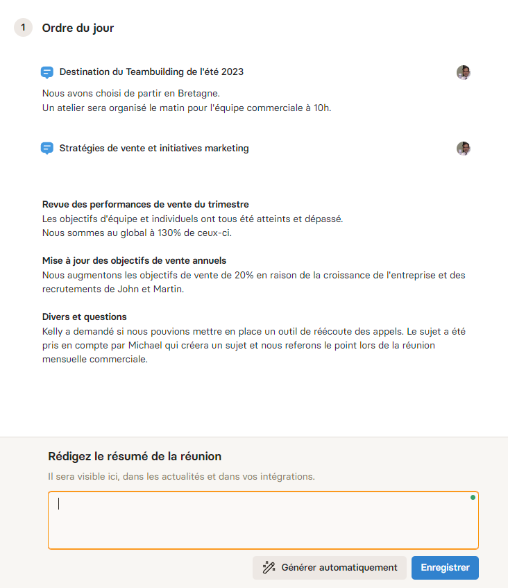 Réunion Rolebase terminée, avec le bouton qui génère le compte rendu à partir des notes des participants