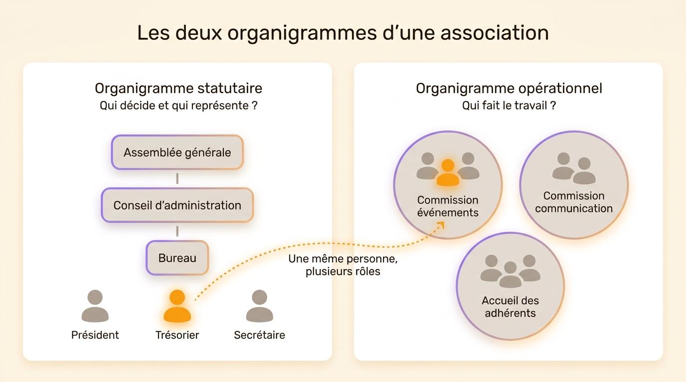 Comparaison entre l’organigramme statutaire et l’organigramme opérationnel d’une association, avec une même bénévole présente dans les deux