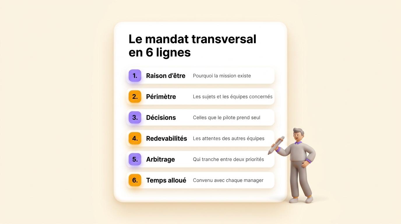 Le mandat transversal en six lignes : raison d’être, périmètre, décisions, redevabilités, arbitrage et temps alloué