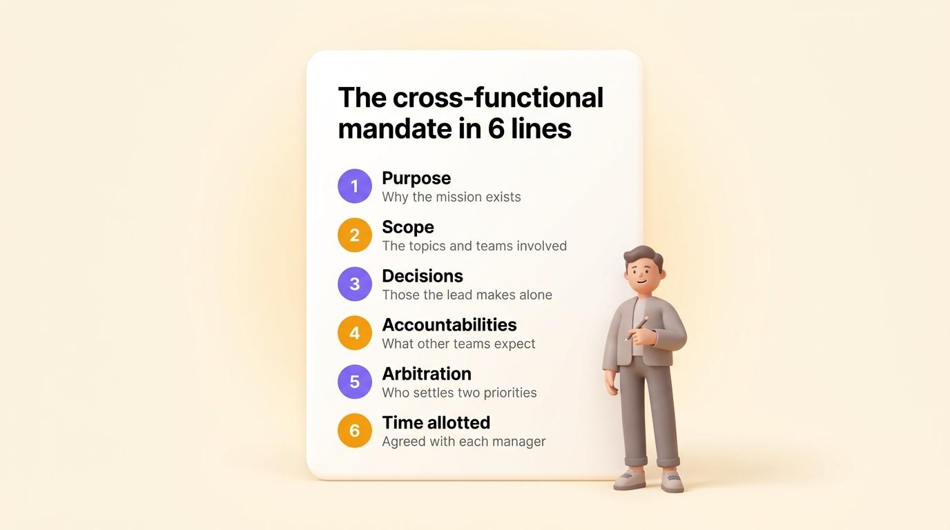 The cross-functional mandate in six lines: purpose, scope, decisions, accountabilities, arbitration and time allotted