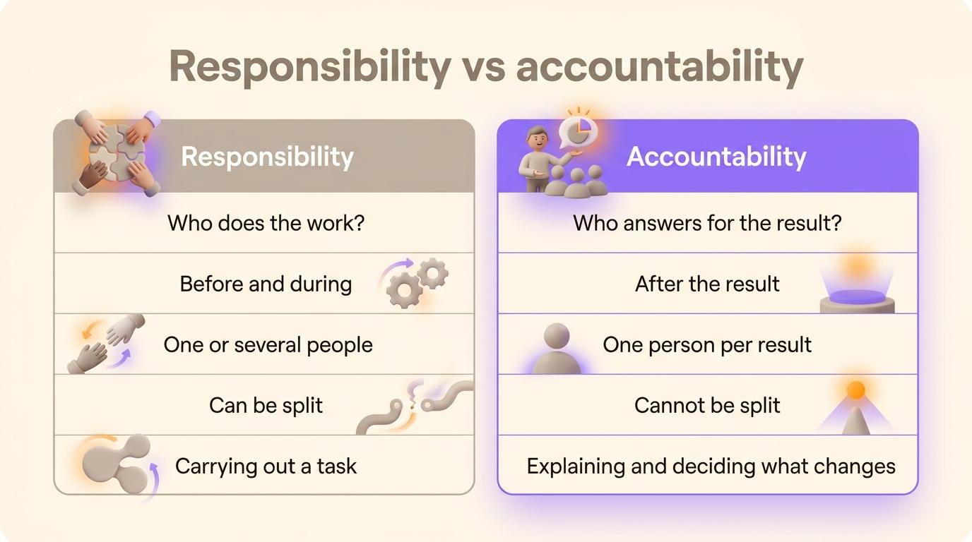 Comparison card of responsibility and accountability: who does the work versus who answers for the result, before versus after, several people versus one
