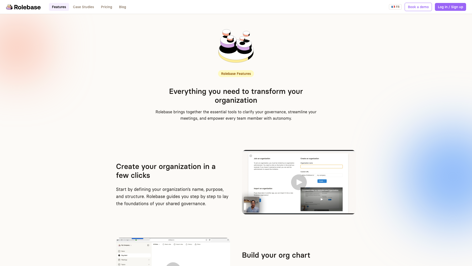 Rolebase features page showing org chart, meetings, tasks, and discussions.