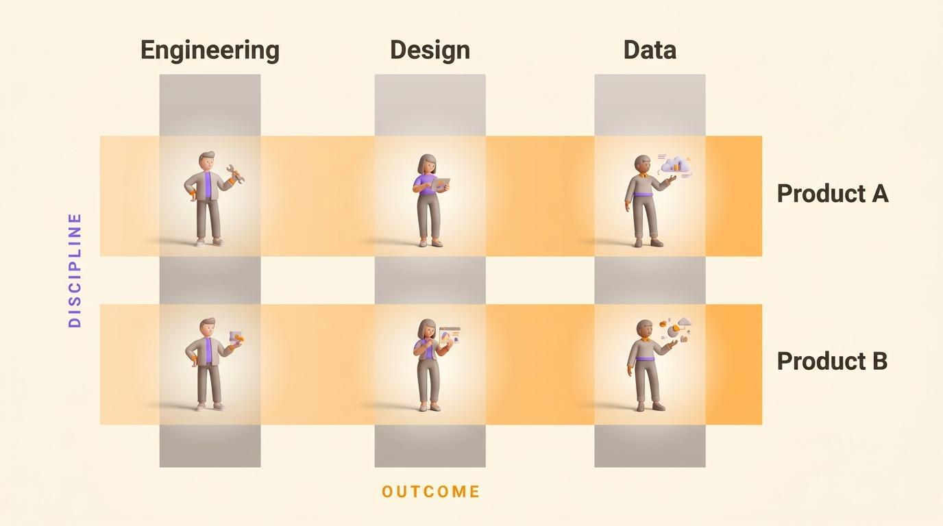 Three discipline columns crossed by two product rows, with one person standing at each of the six intersections